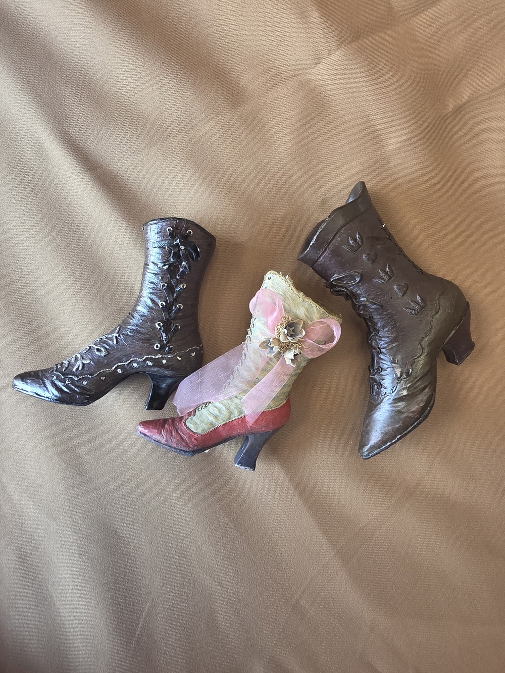 Miniature Keypoint Vintage Victorian Boot Figurine Set Shabby Chic Decor